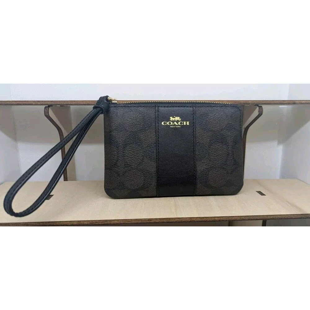 Coach Corner Zip Wristlet - Walnut/Black Signature Canvas, Brand New - Picture 2 of 5